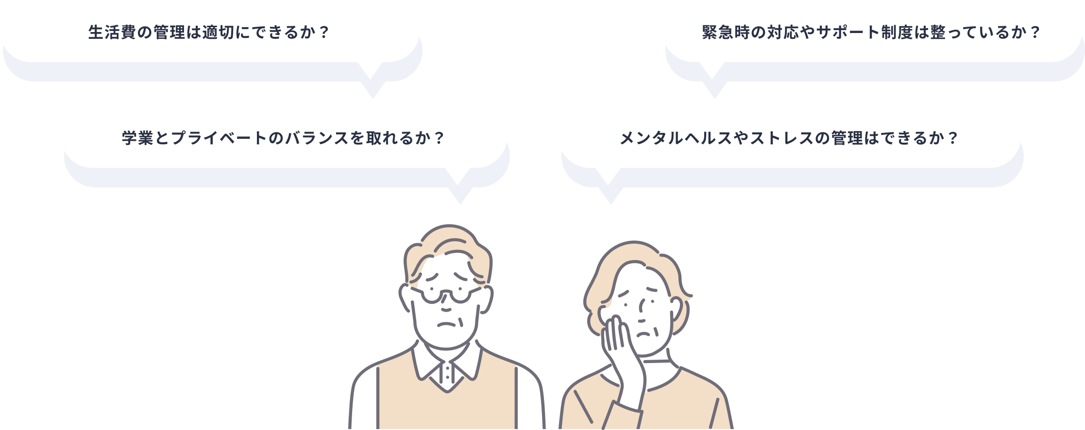 生活費の管理は適切にできるか? 学業とプライベートのバランスを取れるか? 緊急時の対応やサポート制度は整っているか? メンタルヘルスやストレスの管理はできるか?